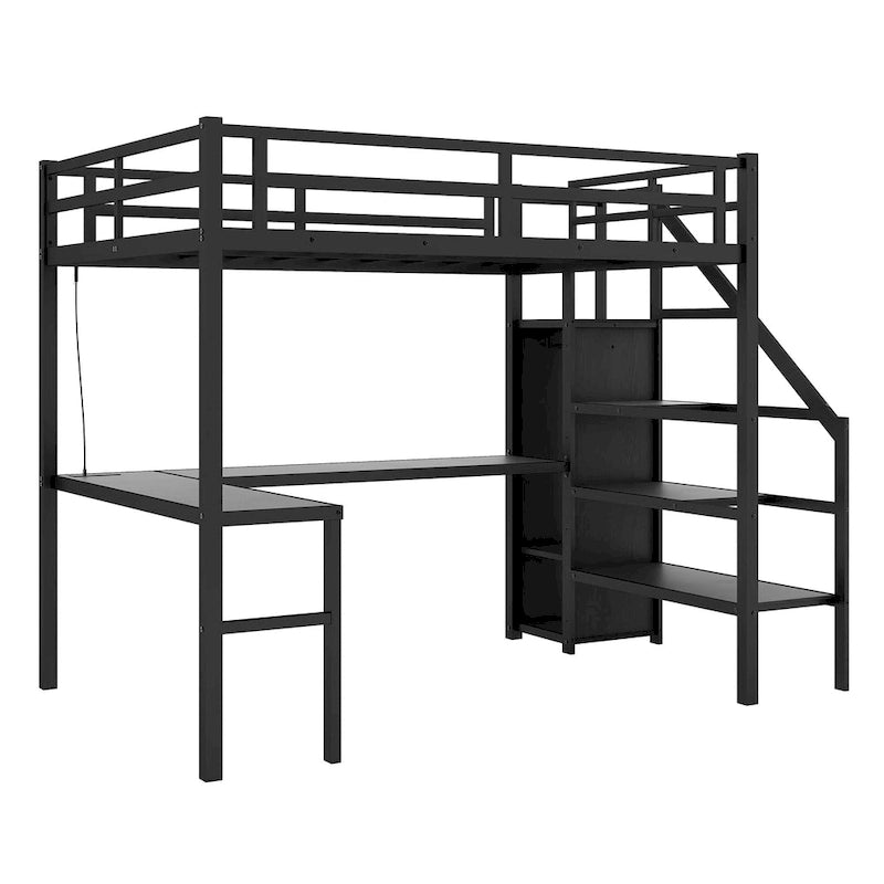 Twin XL Size Metal Loft Bed with L-shaped Desk, USB, Wardrobe, and Adjustable Shelf
