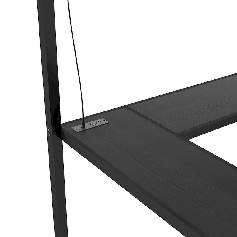 Twin XL Size Metal Loft Bed with L-shaped Desk, USB, Wardrobe, and Adjustable Shelf
