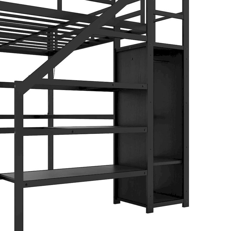 Twin XL Size Metal Loft Bed with L-shaped Desk, USB, Wardrobe, and Adjustable Shelf