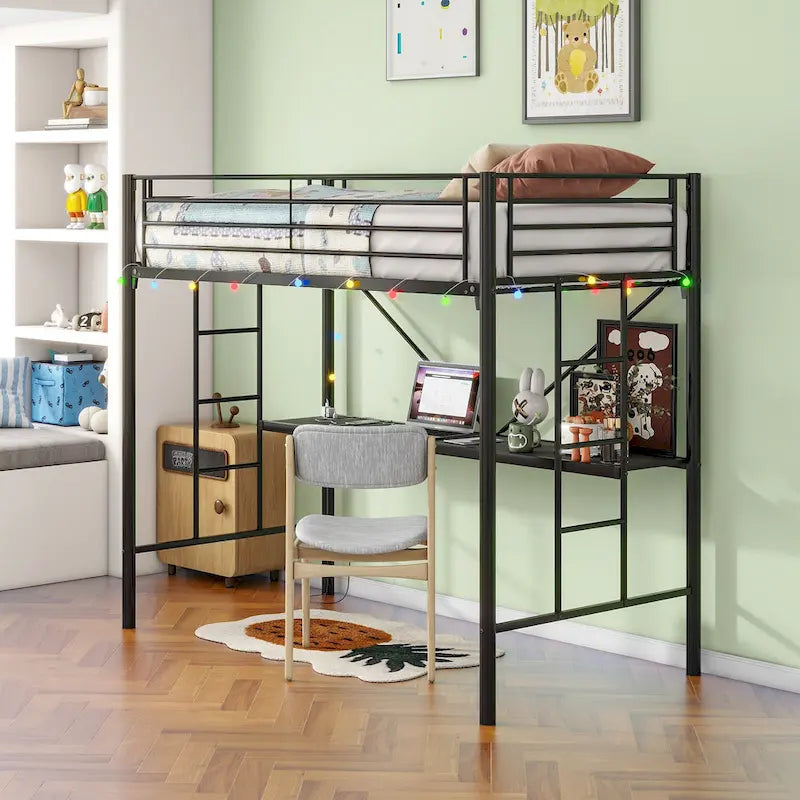 Twin Size Metal Loft Bed with Desk and LED