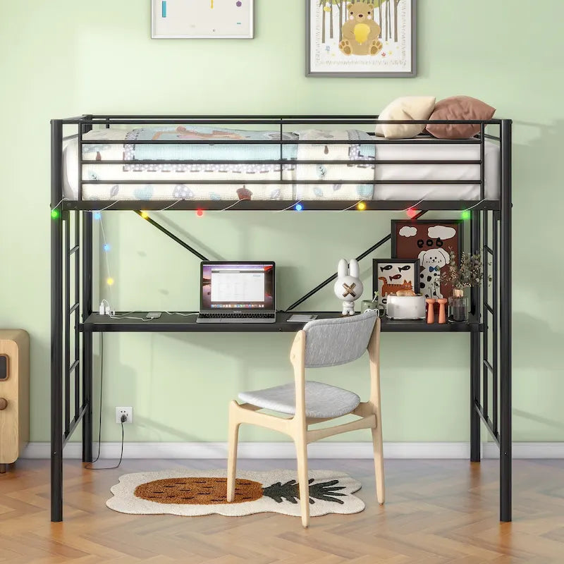 Twin Size Metal Loft Bed with Desk and LED