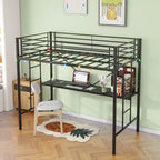 Twin Size Metal Loft Bed with Desk and LED