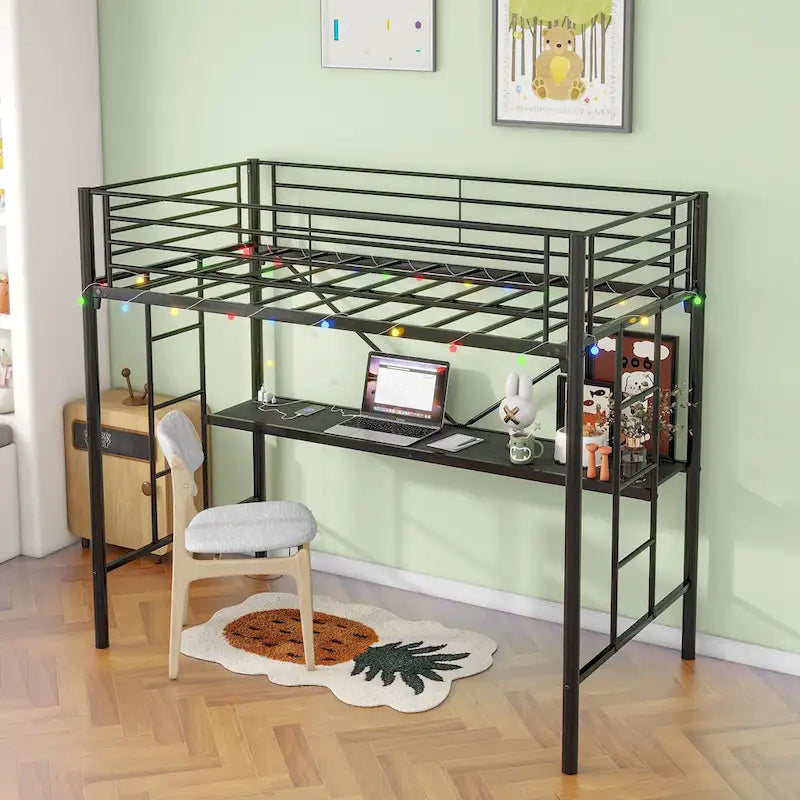 Twin Size Metal Loft Bed with Desk and LED