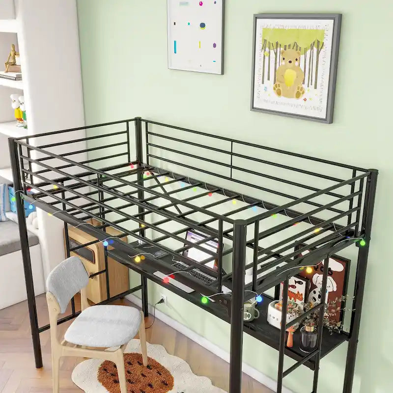 Twin Size Metal Loft Bed with Desk and LED