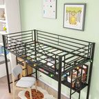 Twin Size Metal Loft Bed with Desk and LED