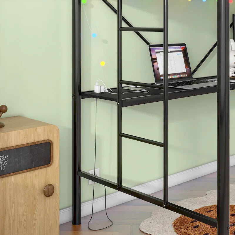 Twin Size Metal Loft Bed with Desk and LED