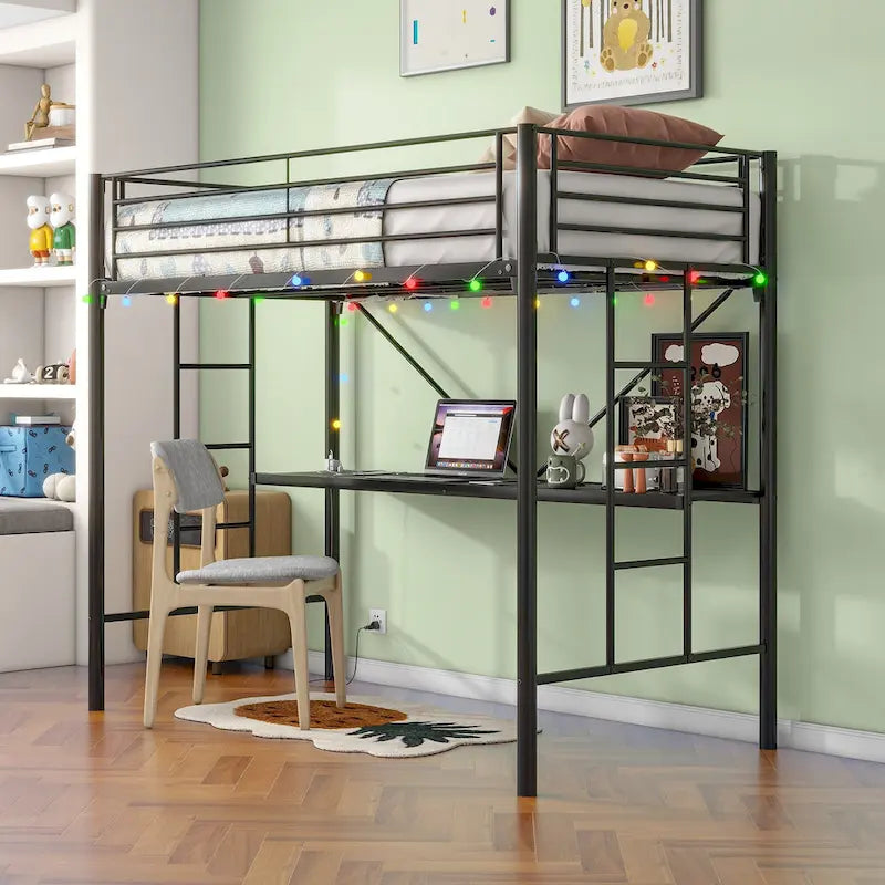 Twin Size Metal Loft Bed with Desk and LED