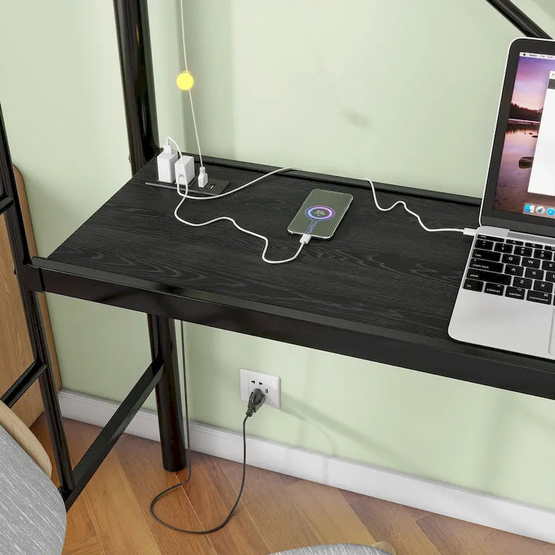 Twin Size Metal Loft Bed with Desk and LED
