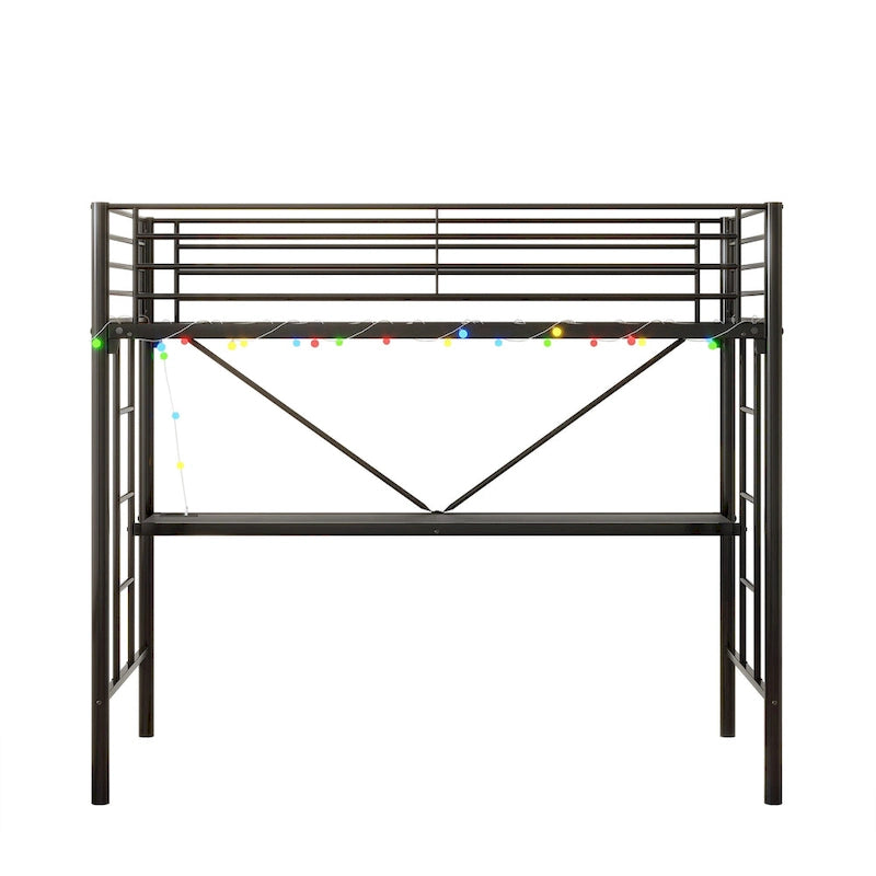 Twin Size Metal Loft Bed with Desk and LED
