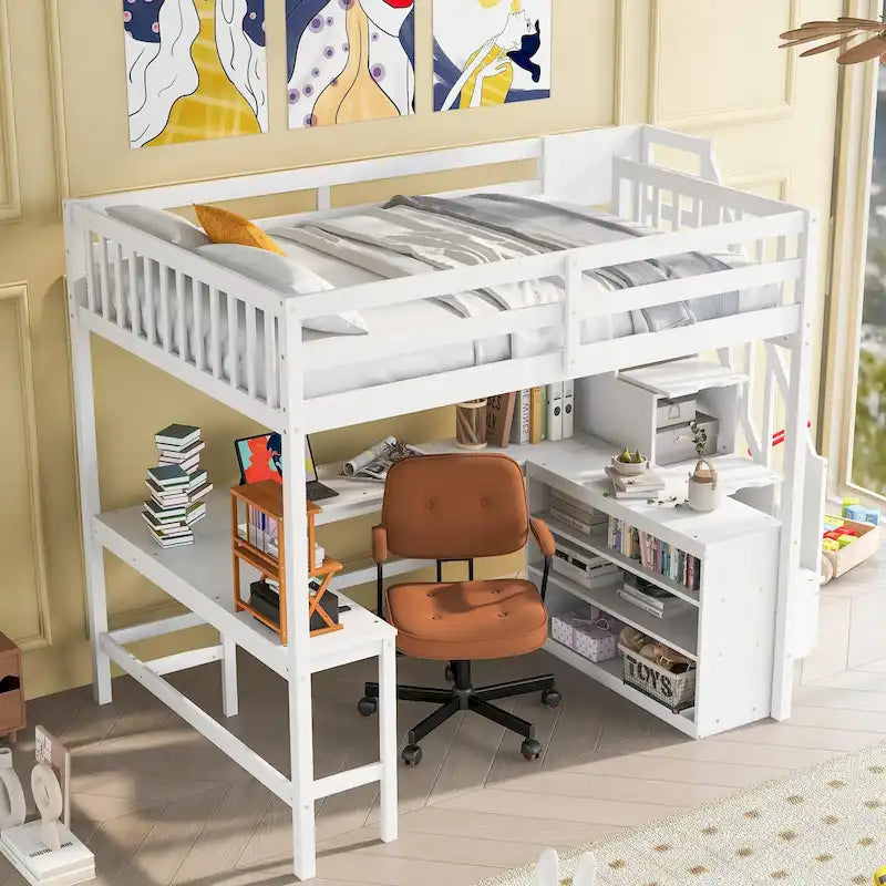 Full Size Pine Wood Loft Bed with Built-in L-Shaped Desk and Three-Tier Storage Shelves, and Attached Storage Staircase