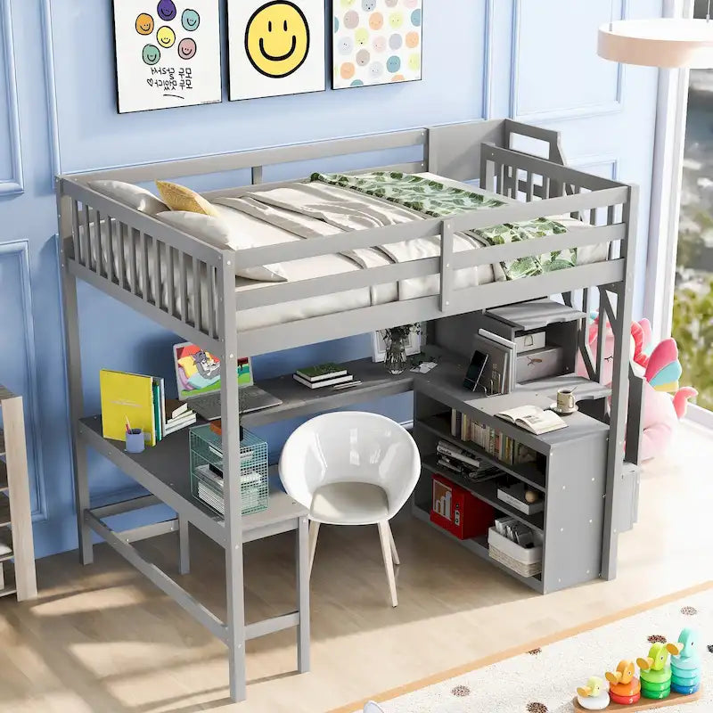 Full Size Pine Wood Loft Bed with Built-in L-Shaped Desk and Three-Tier Storage Shelves, and Attached Storage Staircase