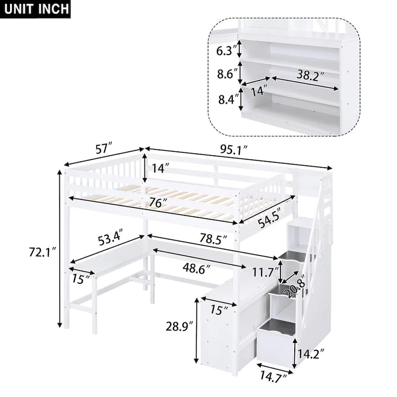 Full Size Pine Wood Loft Bed with Built-in L-Shaped Desk and Three-Tier Storage Shelves, and Attached Storage Staircase