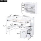Full Size Pine Wood Loft Bed with Built-in L-Shaped Desk and Three-Tier Storage Shelves, and Attached Storage Staircase