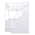Full Size Pine Wood Loft Bed with Built-in L-Shaped Desk and Three-Tier Storage Shelves, and Attached Storage Staircase