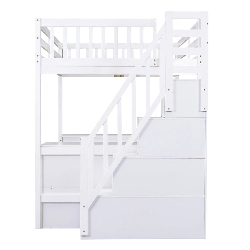 Full Size Pine Wood Loft Bed with Built-in L-Shaped Desk and Three-Tier Storage Shelves, and Attached Storage Staircase