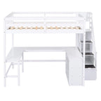 Full Size Pine Wood Loft Bed with Built-in L-Shaped Desk and Three-Tier Storage Shelves, and Attached Storage Staircase