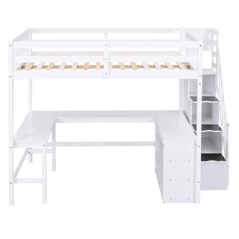 Full Size Pine Wood Loft Bed with Built-in L-Shaped Desk and Three-Tier Storage Shelves, and Attached Storage Staircase