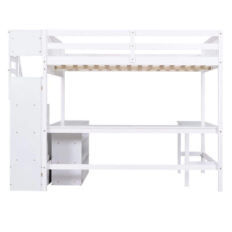 Full Size Pine Wood Loft Bed with Built-in L-Shaped Desk and Three-Tier Storage Shelves, and Attached Storage Staircase
