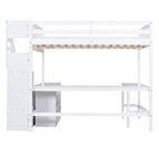 Full Size Pine Wood Loft Bed with Built-in L-Shaped Desk and Three-Tier Storage Shelves, and Attached Storage Staircase