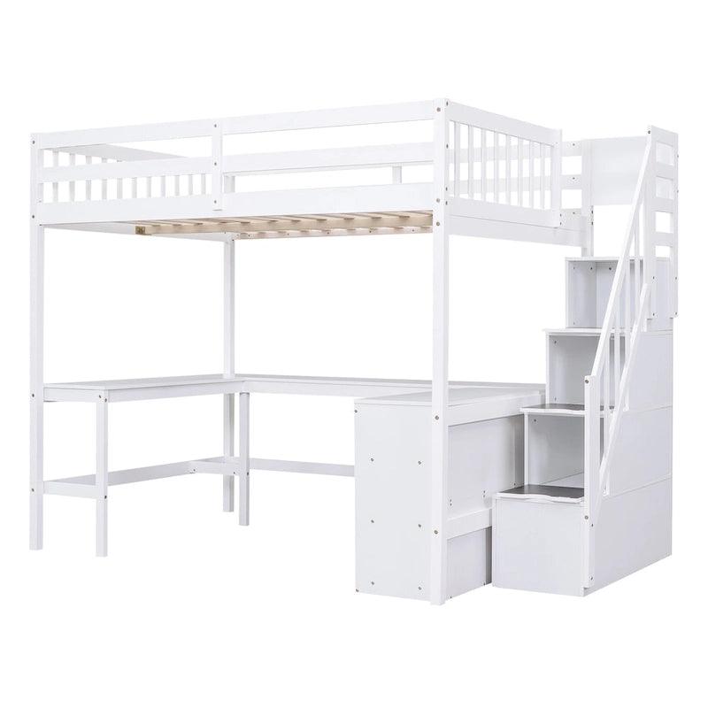 Full Size Pine Wood Loft Bed with Built-in L-Shaped Desk and Three-Tier Storage Shelves, and Attached Storage Staircase