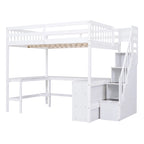 Full Size Pine Wood Loft Bed with Built-in L-Shaped Desk and Three-Tier Storage Shelves, and Attached Storage Staircase