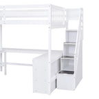Full Size Pine Wood Loft Bed with Built-in L-Shaped Desk and Three-Tier Storage Shelves, and Attached Storage Staircase