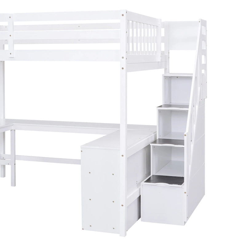 Full Size Pine Wood Loft Bed with Built-in L-Shaped Desk and Three-Tier Storage Shelves, and Attached Storage Staircase