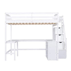 Full Size Pine Wood Loft Bed with Built-in L-Shaped Desk and Three-Tier Storage Shelves, and Attached Storage Staircase