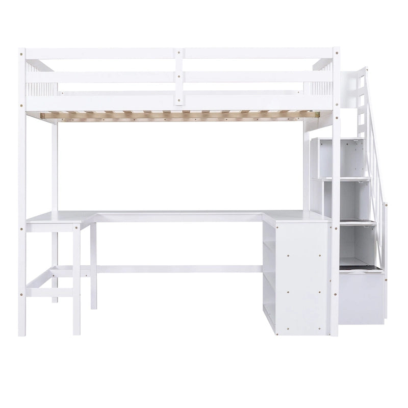 Full Size Pine Wood Loft Bed with Built-in L-Shaped Desk and Three-Tier Storage Shelves, and Attached Storage Staircase