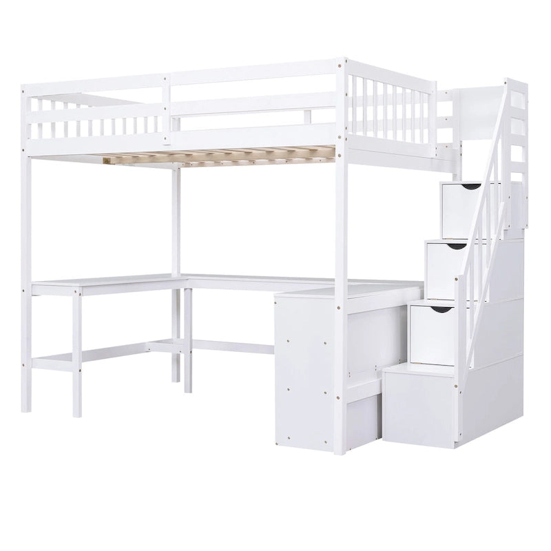 Full Size Pine Wood Loft Bed with Built-in L-Shaped Desk and Three-Tier Storage Shelves, and Attached Storage Staircase