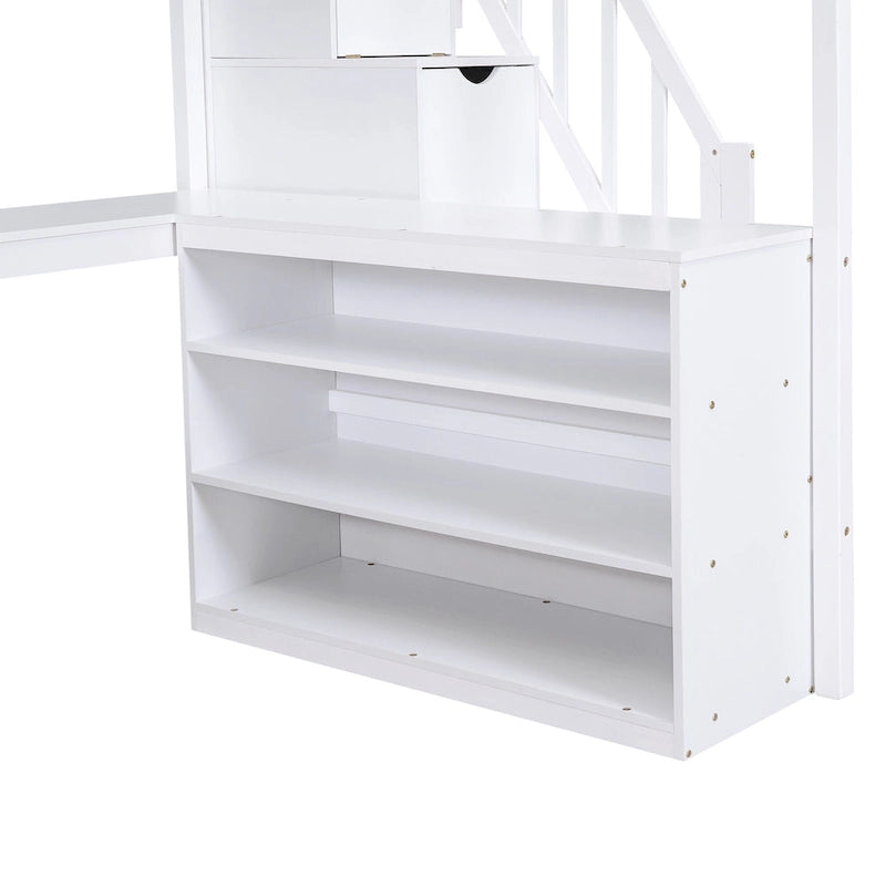 Full Size Pine Wood Loft Bed with Built-in L-Shaped Desk and Three-Tier Storage Shelves, and Attached Storage Staircase