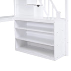 Full Size Pine Wood Loft Bed with Built-in L-Shaped Desk and Three-Tier Storage Shelves, and Attached Storage Staircase