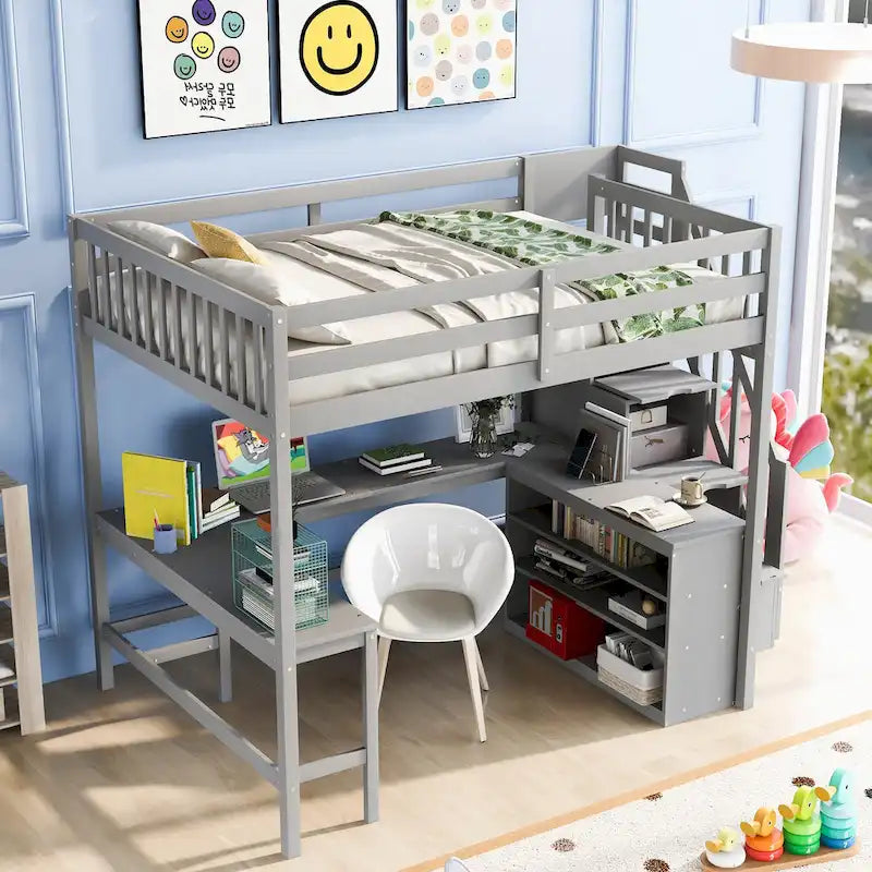 Full Size Pine Wood Loft Bed with Built-in L-Shaped Desk and Three-Tier Storage Shelves, and Attached Storage Staircase