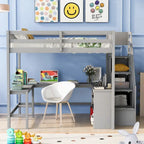 Full Size Pine Wood Loft Bed with Built-in L-Shaped Desk and Three-Tier Storage Shelves, and Attached Storage Staircase