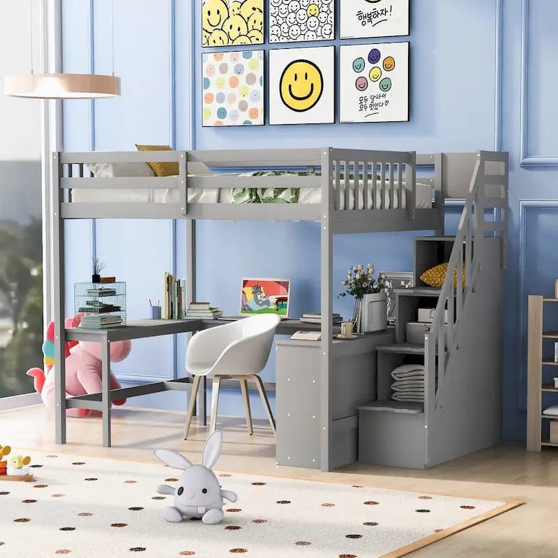 Full Size Pine Wood Loft Bed with Built-in L-Shaped Desk and Three-Tier Storage Shelves, and Attached Storage Staircase