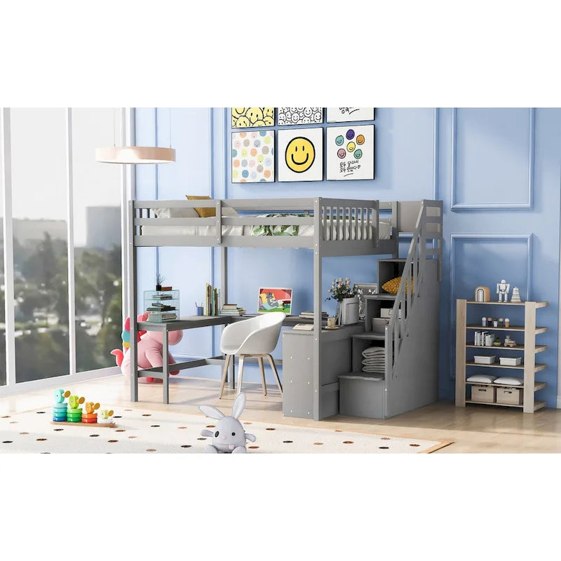 Full Size Pine Wood Loft Bed with Built-in L-Shaped Desk and Three-Tier Storage Shelves, and Attached Storage Staircase