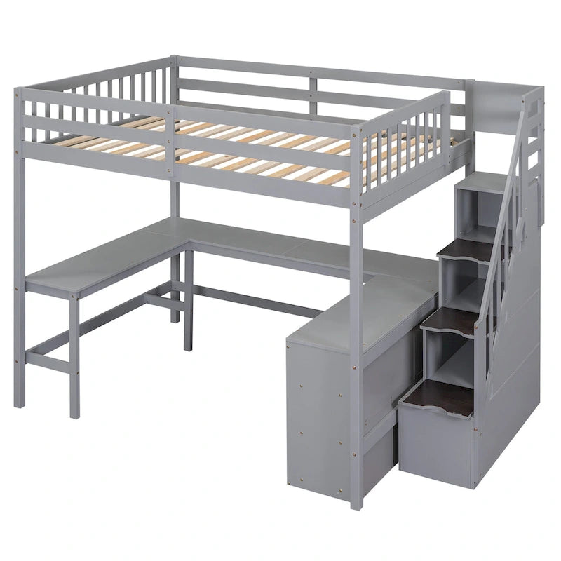 Full Size Pine Wood Loft Bed with Built-in L-Shaped Desk and Three-Tier Storage Shelves, and Attached Storage Staircase