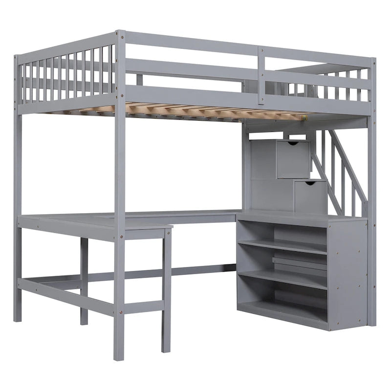Full Size Pine Wood Loft Bed with Built-in L-Shaped Desk and Three-Tier Storage Shelves, and Attached Storage Staircase