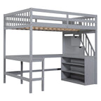 Full Size Pine Wood Loft Bed with Built-in L-Shaped Desk and Three-Tier Storage Shelves, and Attached Storage Staircase