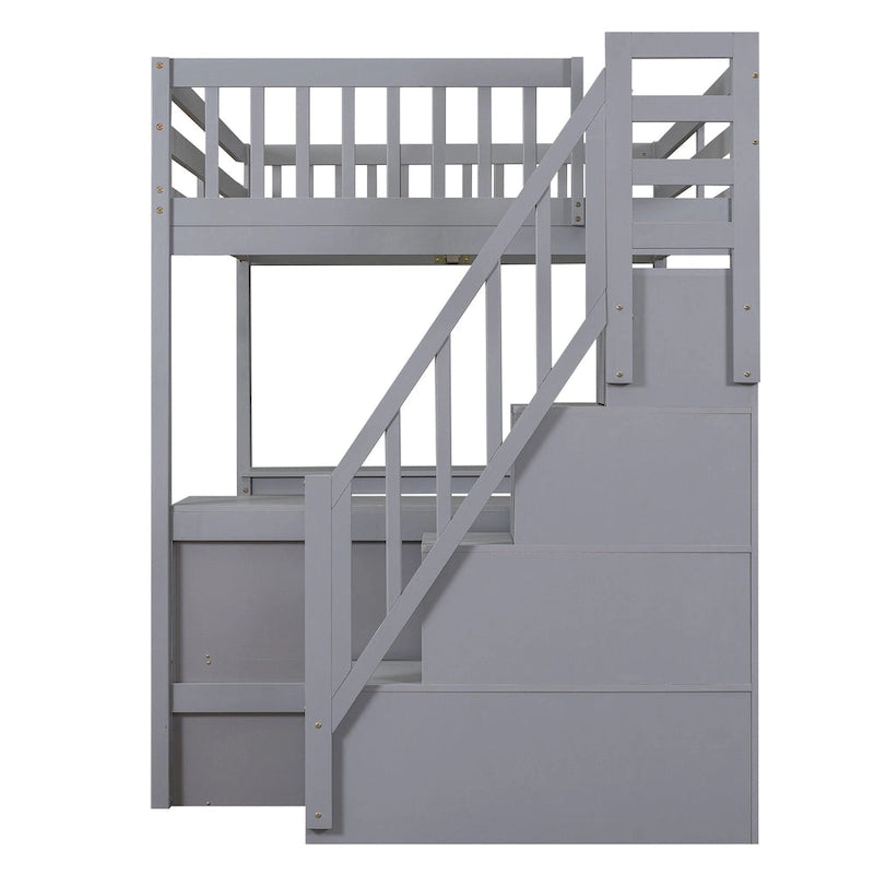 Full Size Pine Wood Loft Bed with Built-in L-Shaped Desk and Three-Tier Storage Shelves, and Attached Storage Staircase