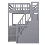 Full Size Pine Wood Loft Bed with Built-in L-Shaped Desk and Three-Tier Storage Shelves, and Attached Storage Staircase