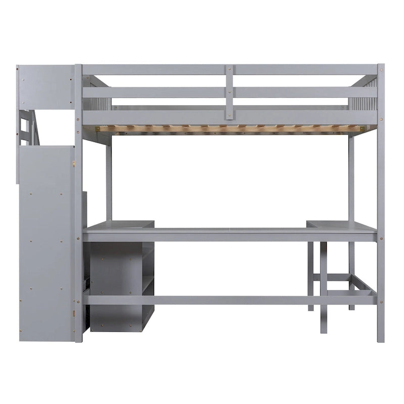 Full Size Pine Wood Loft Bed with Built-in L-Shaped Desk and Three-Tier Storage Shelves, and Attached Storage Staircase