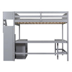 Full Size Pine Wood Loft Bed with Built-in L-Shaped Desk and Three-Tier Storage Shelves, and Attached Storage Staircase