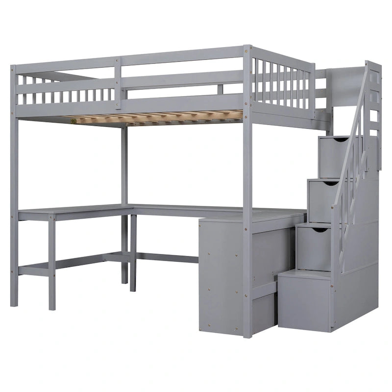 Full Size Pine Wood Loft Bed with Built-in L-Shaped Desk and Three-Tier Storage Shelves, and Attached Storage Staircase