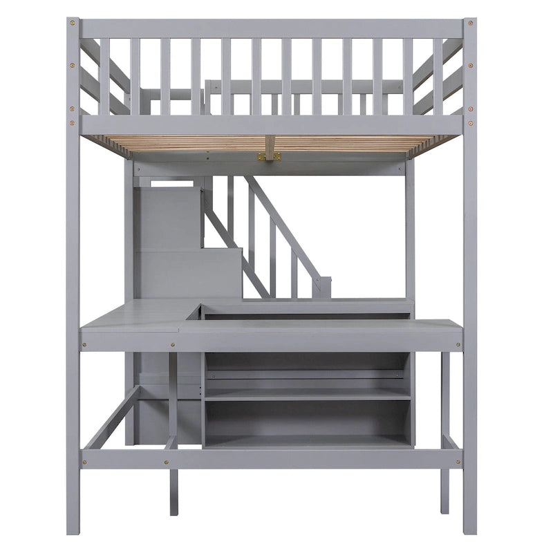 Full Size Pine Wood Loft Bed with Built-in L-Shaped Desk and Three-Tier Storage Shelves, and Attached Storage Staircase
