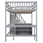 Full Size Pine Wood Loft Bed with Built-in L-Shaped Desk and Three-Tier Storage Shelves, and Attached Storage Staircase