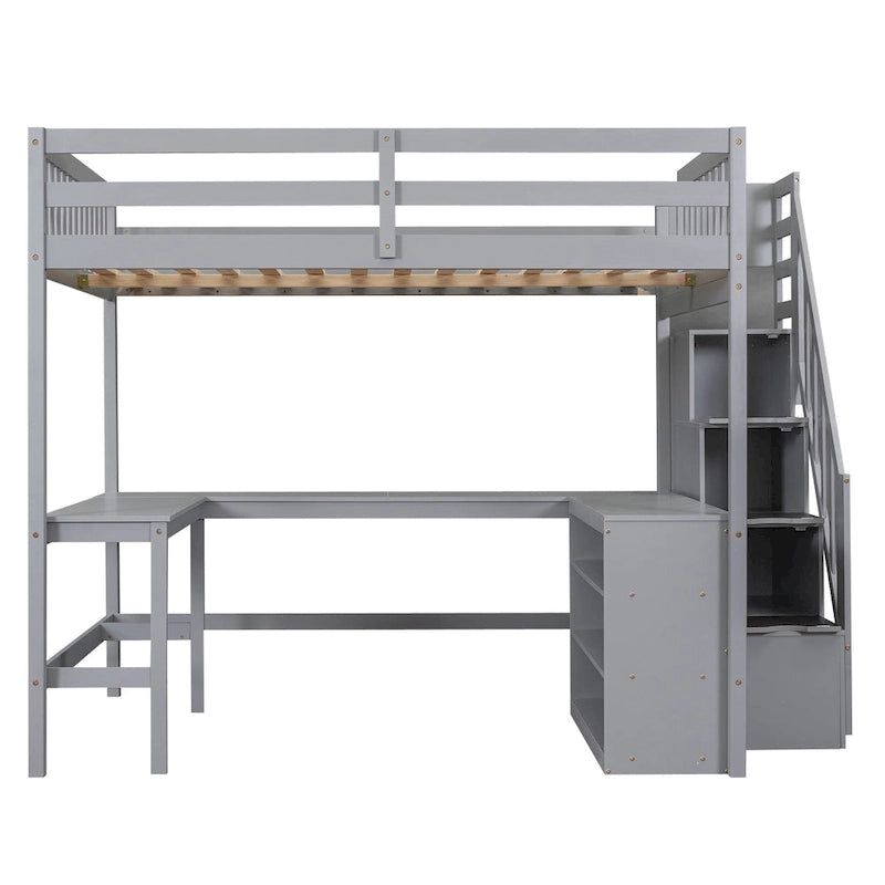 Full Size Pine Wood Loft Bed with Built-in L-Shaped Desk and Three-Tier Storage Shelves, and Attached Storage Staircase
