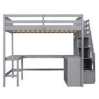 Full Size Pine Wood Loft Bed with Built-in L-Shaped Desk and Three-Tier Storage Shelves, and Attached Storage Staircase