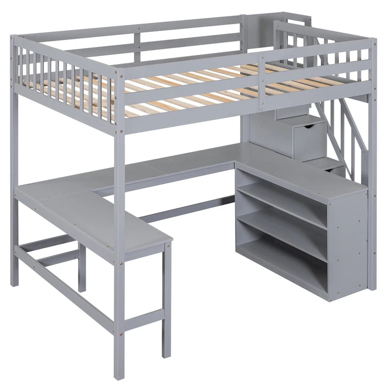 Full Size Pine Wood Loft Bed with Built-in L-Shaped Desk and Three-Tier Storage Shelves, and Attached Storage Staircase