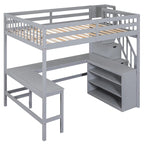 Full Size Pine Wood Loft Bed with Built-in L-Shaped Desk and Three-Tier Storage Shelves, and Attached Storage Staircase